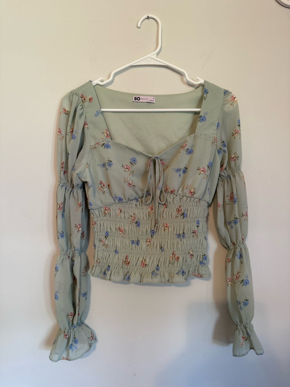 SO Sage Green Floral Smocked Long Sleeve Blouse with Tie